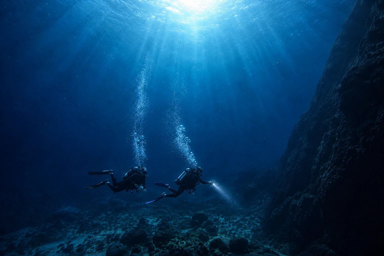 Subacquei lungo una parete sommersa, con le bolle che salgono in superficie: corso Advanced Open Water