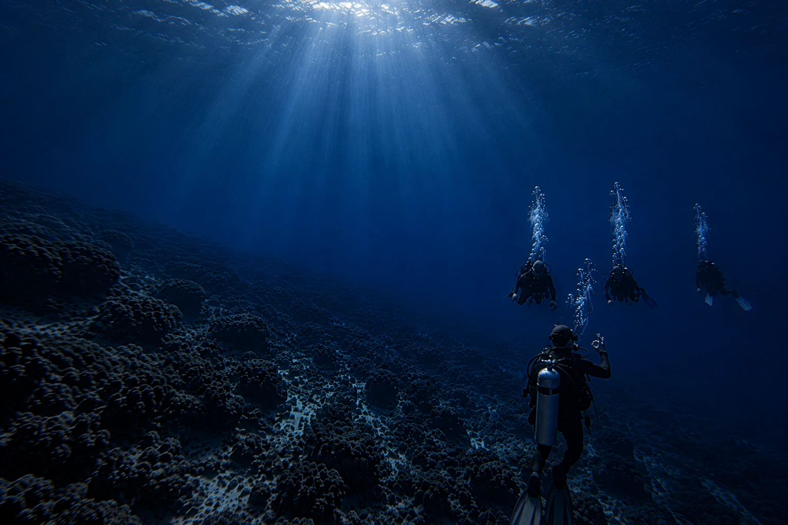 Gruppo di subacquei guidato lungo una parete rocciosa: corso Divemaster
