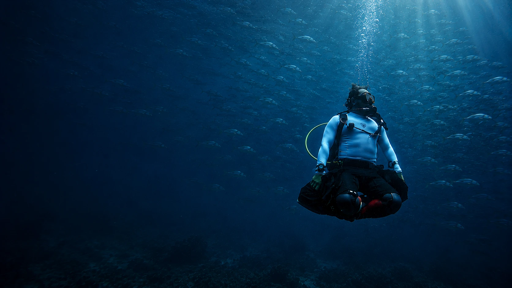 Subacqueo in assetto neutro nel blu, circondato da un banco di pesci