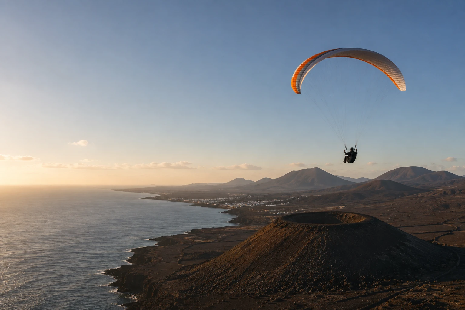 Parapendio in volo sopra la costa vulcanica di Lanzarote al tramonto