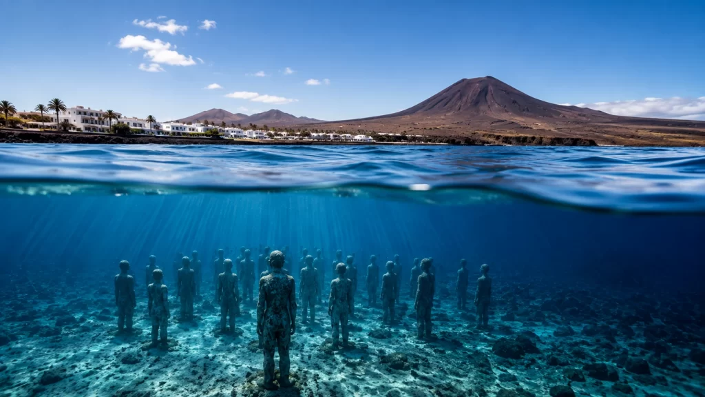 Statue sommerse del Museo Atlántico a Playa Blanca, con la costa vulcanica di Lanzarote sullo sfondo