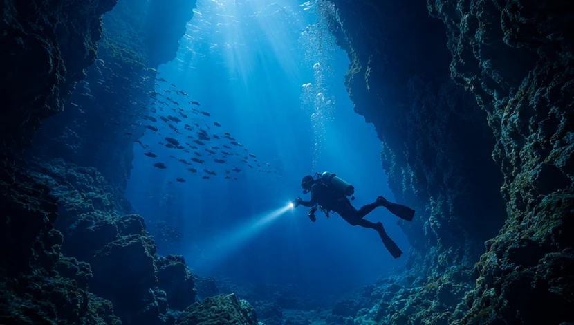 Subacqueo con torcia in una grande grotta sottomarina che ricorda La Catedral di Puerto del Carmen, Lanzarote