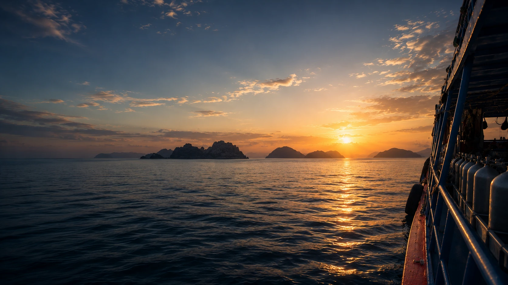 Tramonto sull'oceano visto dal ponte di una barca, con isole all'orizzonte