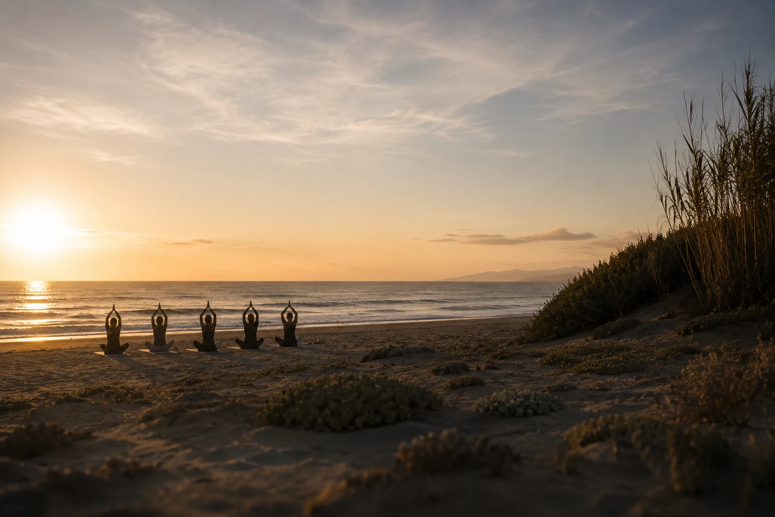 Persone in meditazione su una spiaggia al tramonto